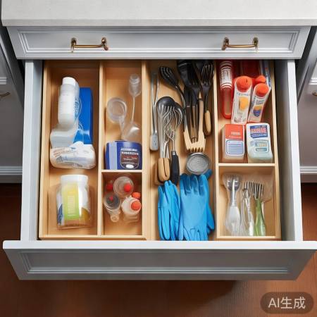 抽屉分区,餐具清洁剂在左