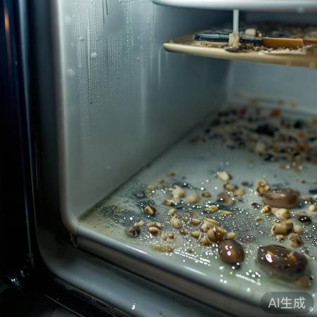 冰箱内部不洁,食物残渣生水汽